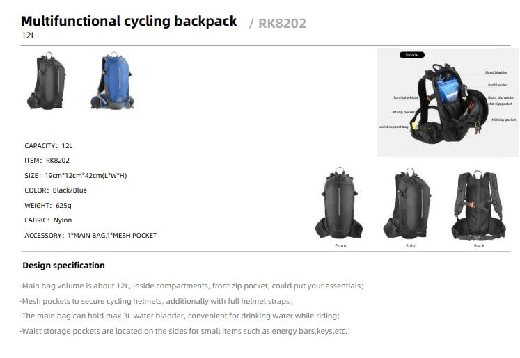 Rhinowalk 12L Climbing & Cycling Backpack Outdoor Travel Hiking Bag RK8202
