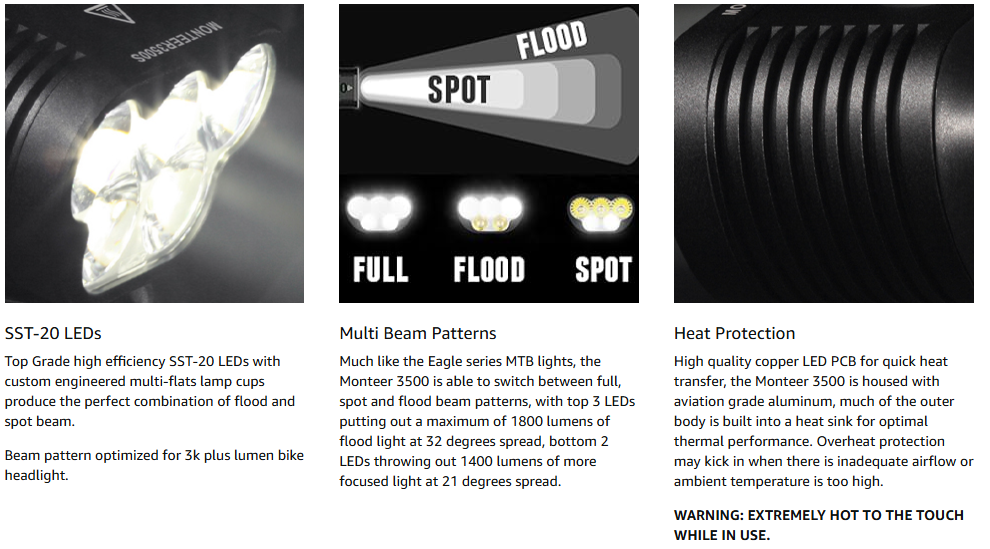 Magicshine Monteer 3500S Nebula Mountain Bike Light, 3500 Lumens Max Actual Output, 1800 Lumen Flood,1400 Lumen Spot, 52